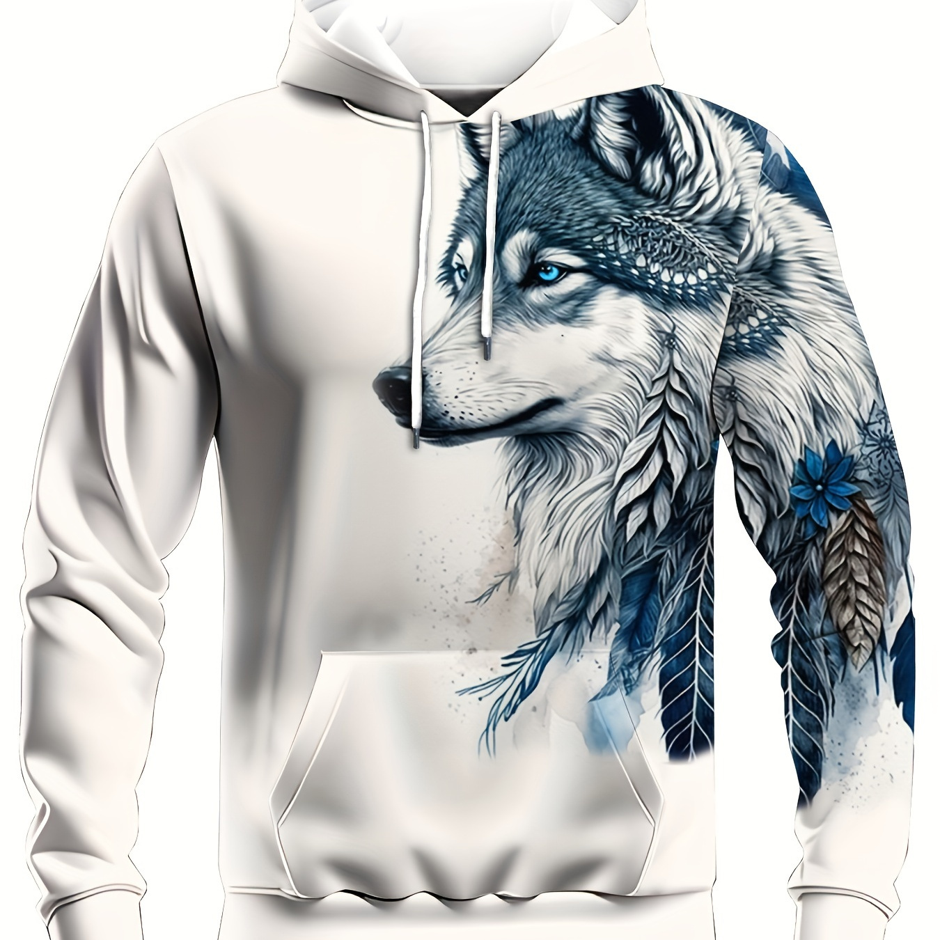 

Men's Casual Hoodie With 3d Wolf Print - Comfy Polyester , Pullover Sweatshirt For