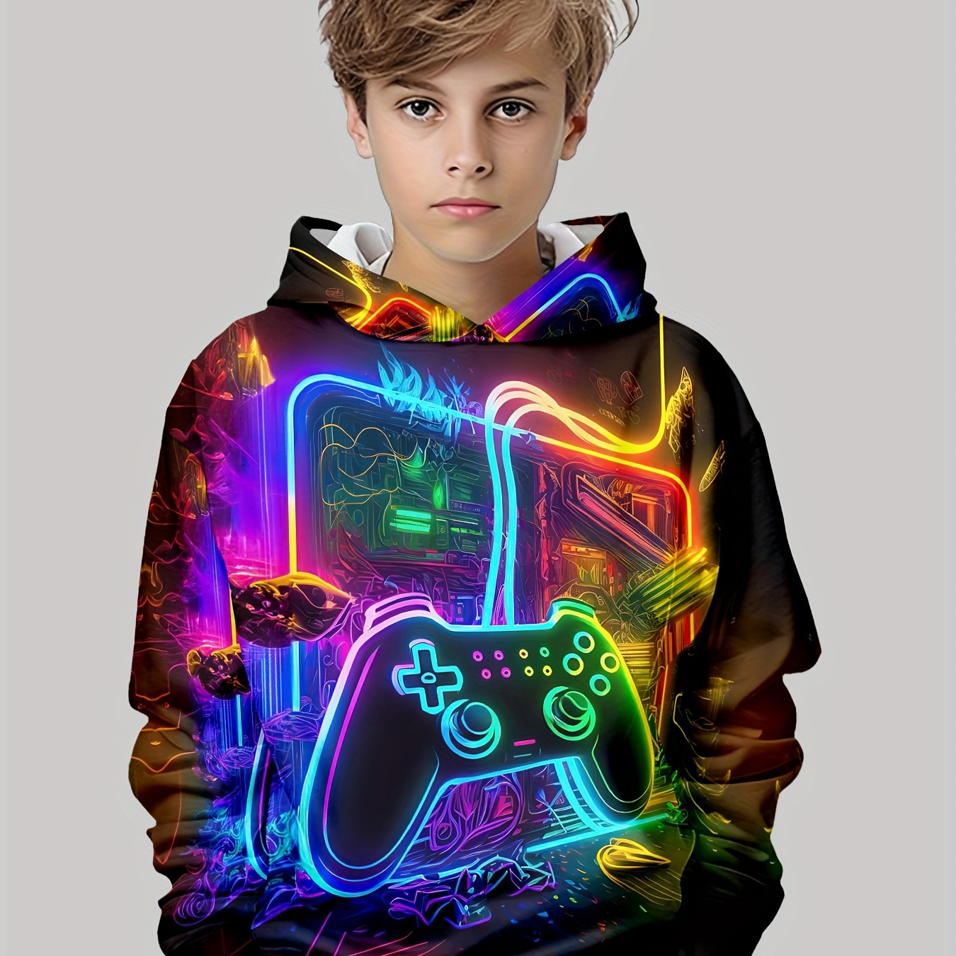 

Youth Vibrant Gaming Console 3d Print Hoodie - Casual Crew Neck Pullover With Long Sleeves, Polyester & Spandex , Stretch, Fall/winter Collection