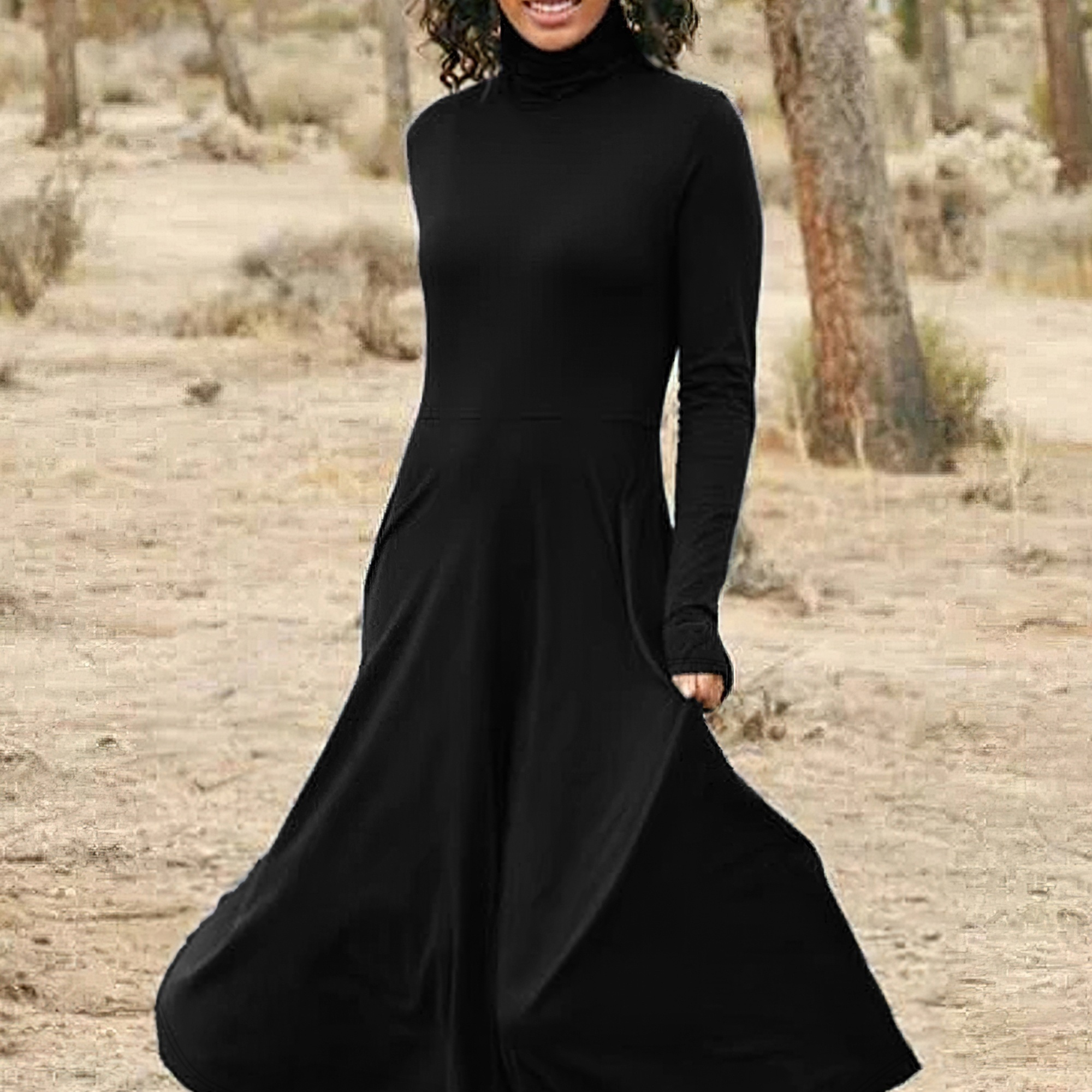 Plus Size Casual Dress, Women's Plus Solid Ribbed Long Sleeve Turtleneck  Knee Length Dress