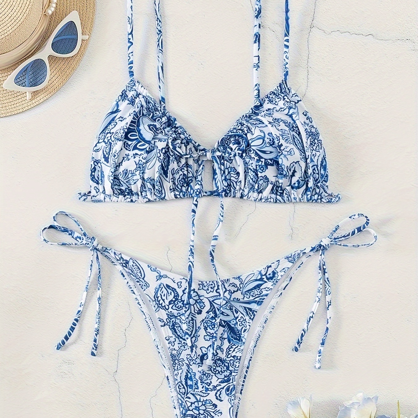 

Women's Two-piece Swimsuit Floral Pattern Bikini Set, Adjustable Ties V Neck Swimwear, Summer Beachwear
