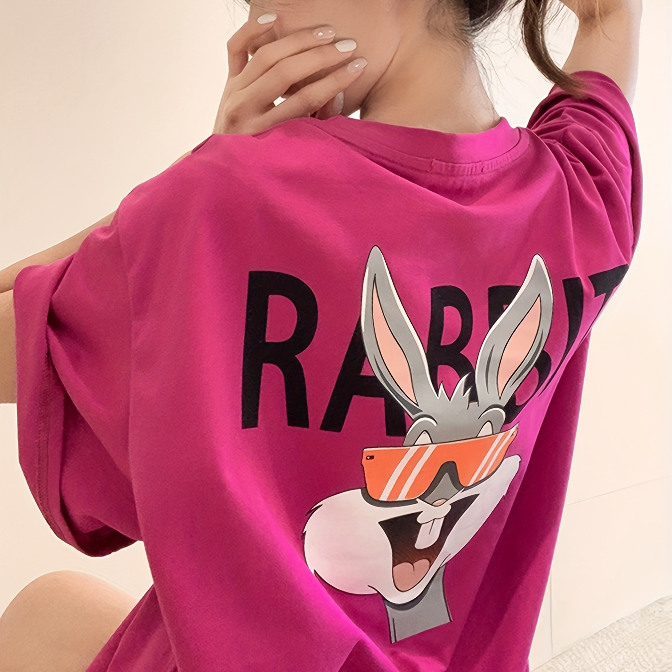 

Cartoon Rabbit Print Short Sleeve T-shirt, Casual Crew Neck Top For Spring & Summer, Women's Clothing