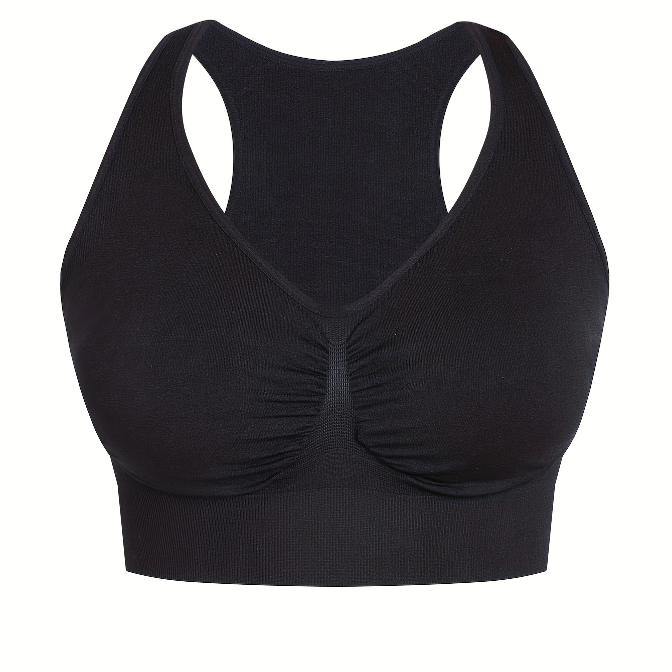 

Plus Size Sports Bra, Women's Plus Ruched Solid Seamless Elastic Wireless Workout Bra With Removable Pads