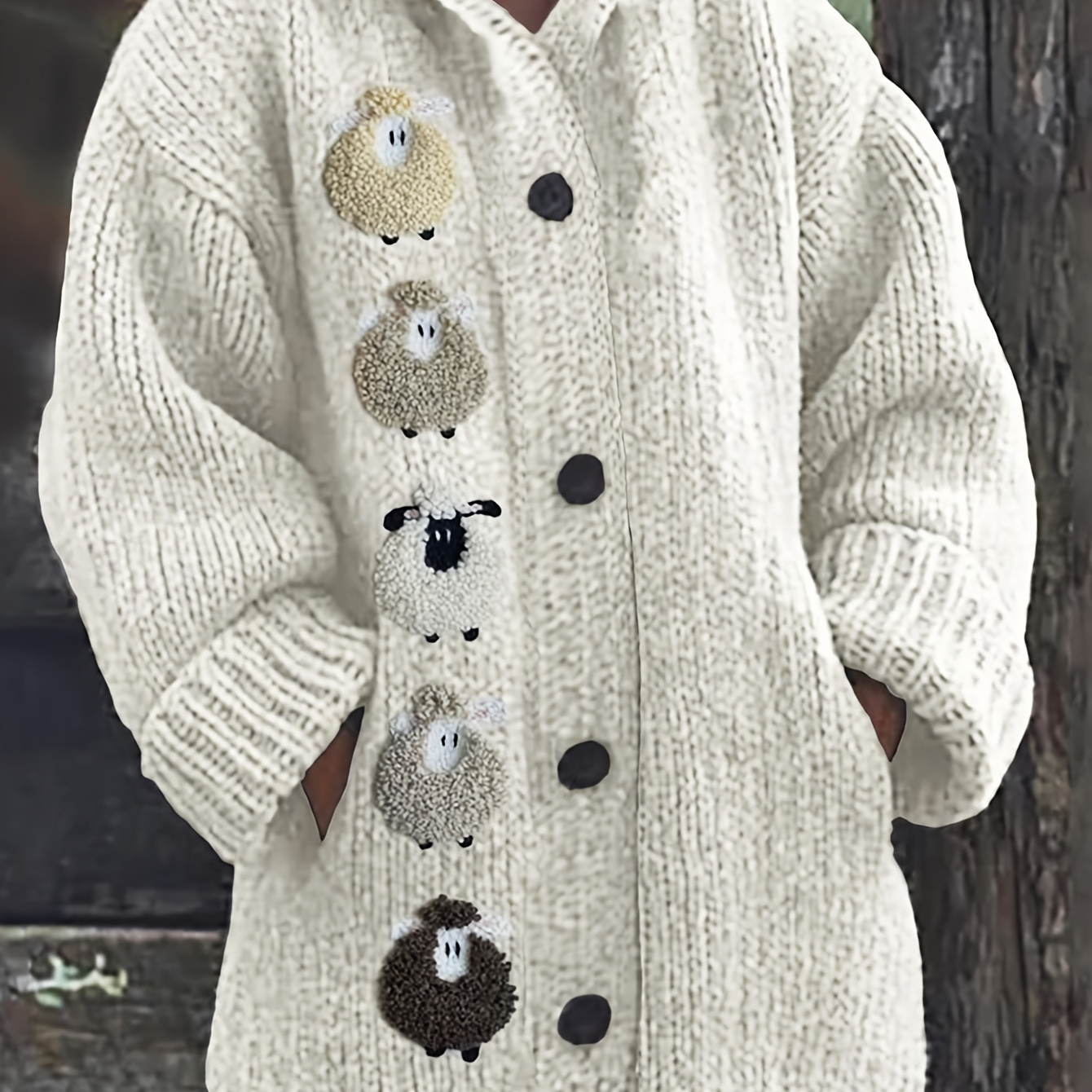 

3j3 Women's Casual Hooded Cardigan With Cute Sheep Embroidery - Cozy Acrylic Knit, Button-up, Long Sleeve - Fall & Winter