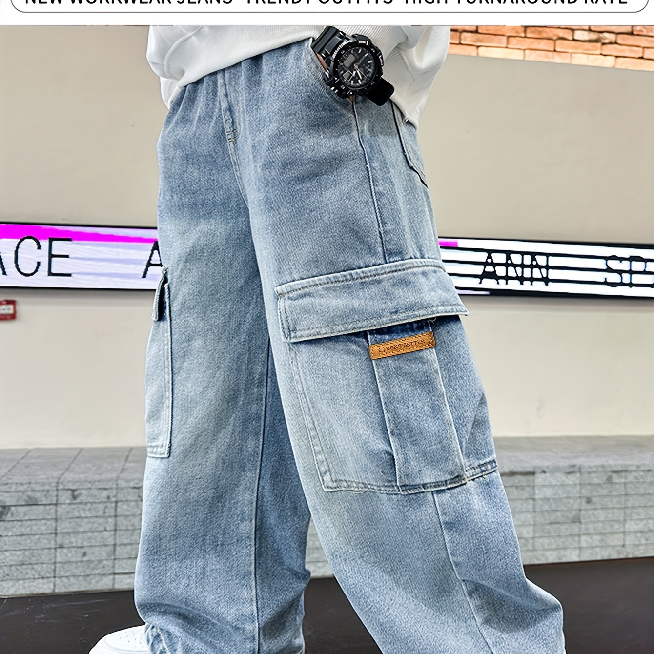 

Boys Casual Baggy Hip Hop Jeans, Straight Leg Cargo Pants With Multiple Pockets, Suitable For Outdoor And Streetwear, 4-season Wear