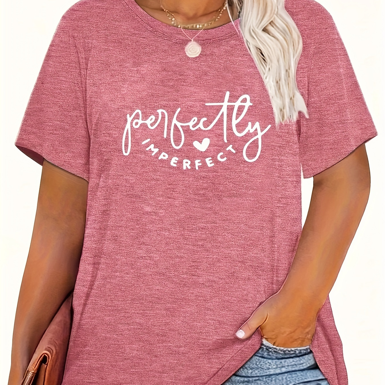 

Women's Plus Size Casual Crew Neck T-shirt - Cotton Blend Knit Fabric With Slight Stretch, Polyester & Spandex Mix, Short Sleeve, 'perfectly ' Print For