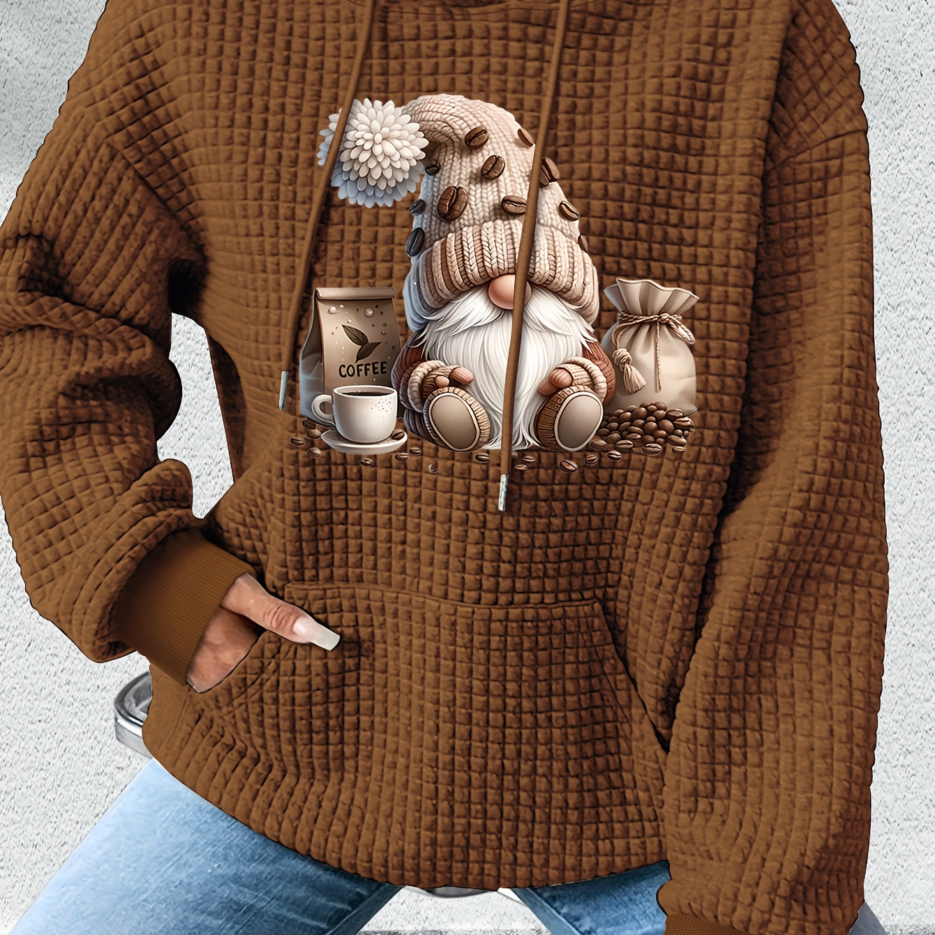 

Coffee & Print Waffle Hoodie, Casual Long Sleeve Drawstring Hoodies Sweatshirt, Women's Clothing
