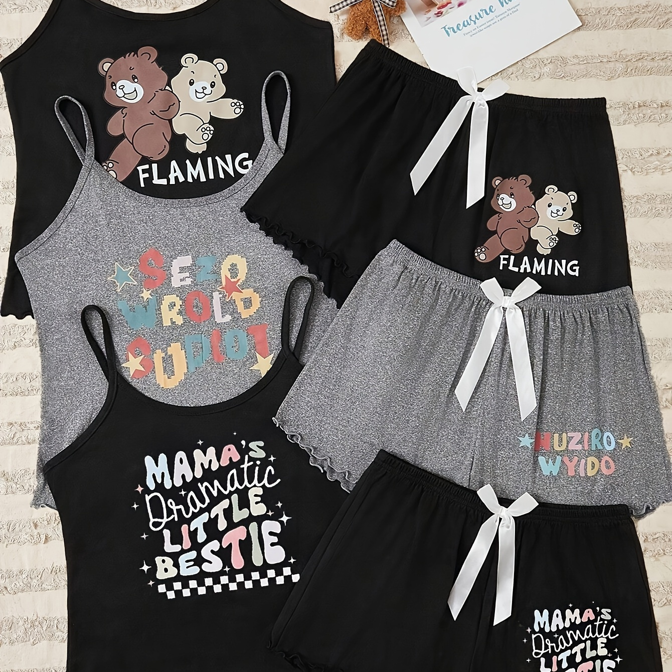 

Women's Cute Cartoon Bear Pajama Set - 3pcs, Comfy Polyester & Elastane Blend, Lettuce Trim Cami Tops With Shorts & Robe, Machine Washable