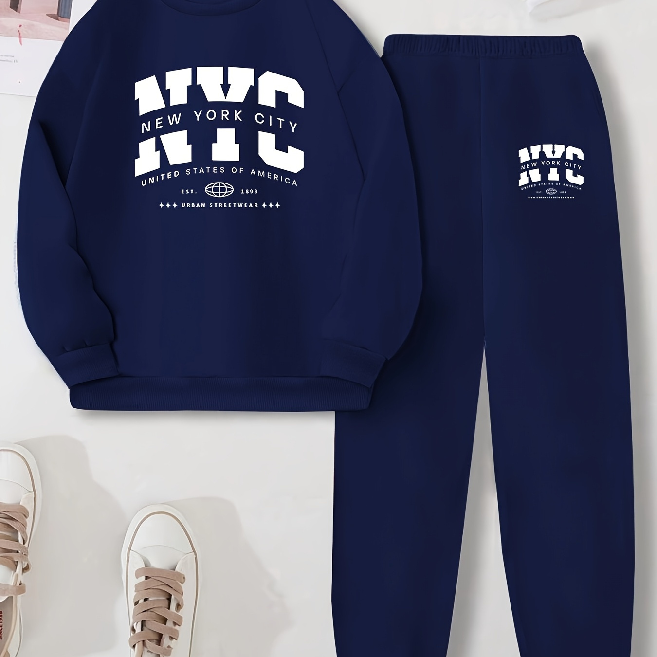 

Navy Blue Nyc-inspired Letter Print Women's Tracksuit - Cozy Polyester Crew Neck Sweatshirt & Joggers Set, Machine Washable, Jogging Pants