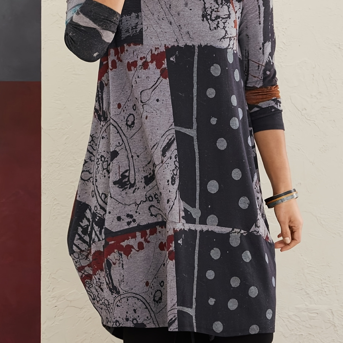 

Plus Size Casual Tunic Dress For Women, Polyester Knit Fabric, Crew Neck, Stretch, Print, Long Sleeve, For Spring/fall