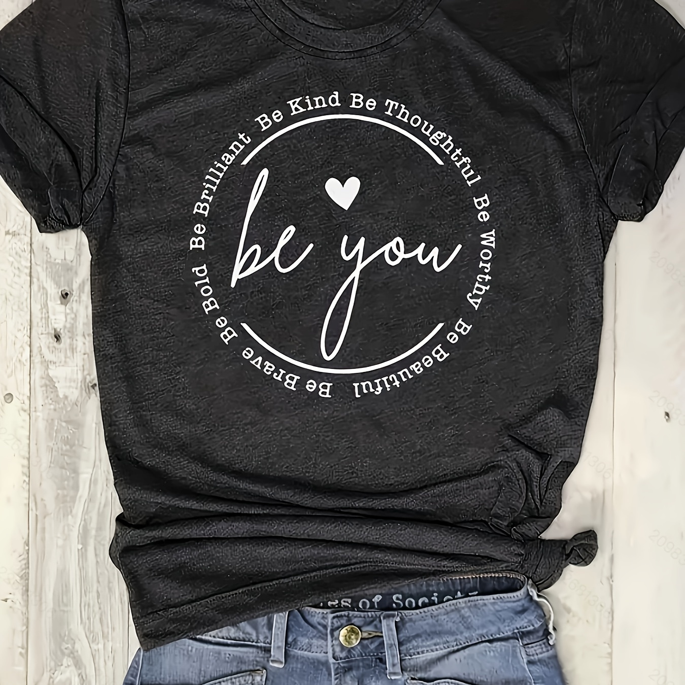 

Be You Letter Print Crew Neck T-shirt, Casual Short Sleeve Top For Spring & Summer, Women's Clothing