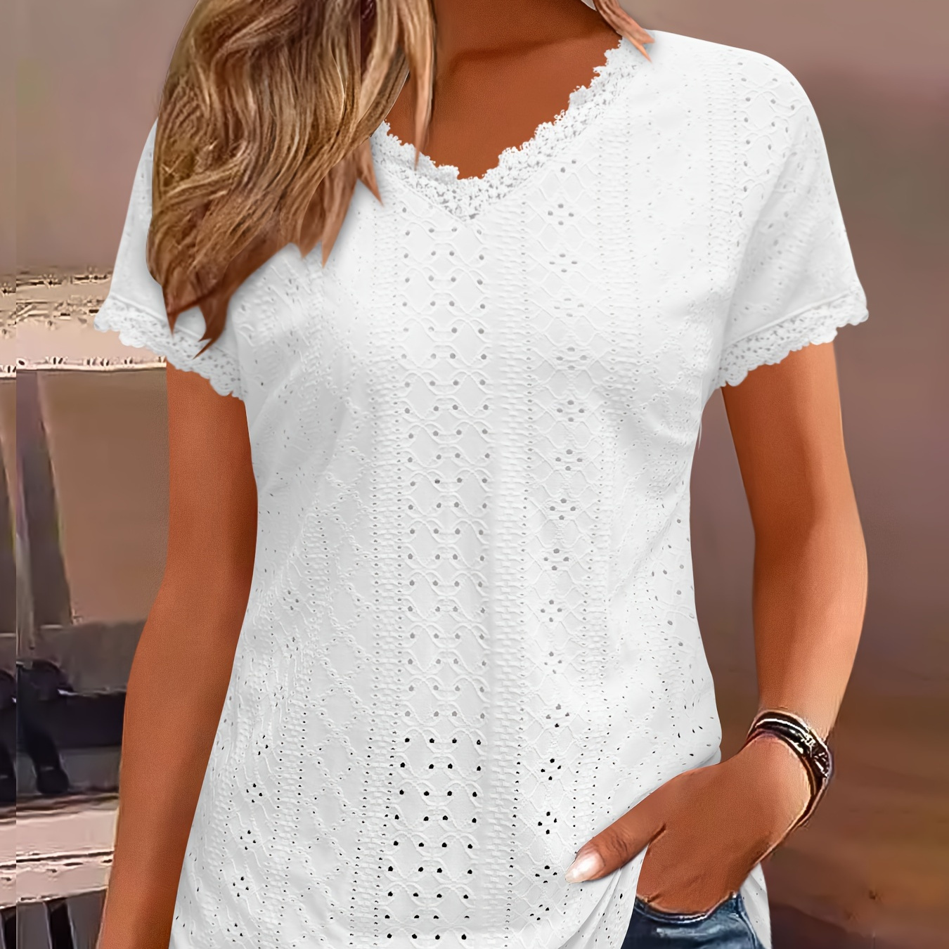 

Lace Trim Eyelet Blouse, V Neck Loose Casual Top For , Women's Clothing