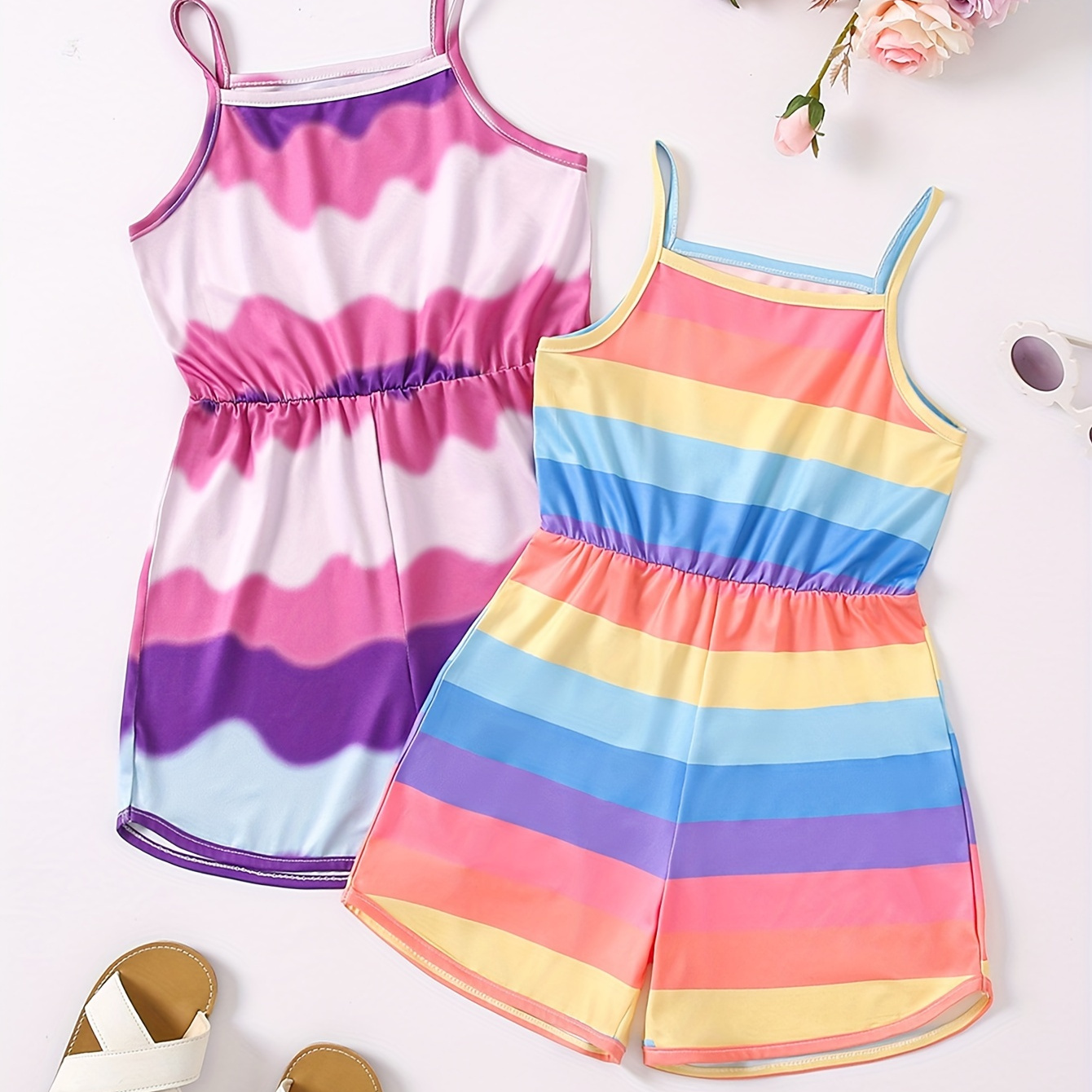 

2pcs, Dreamy Tie Dye Pattern Rainbow Striped Cami Jumpsuit Set For Girls Summer Holiday Gift