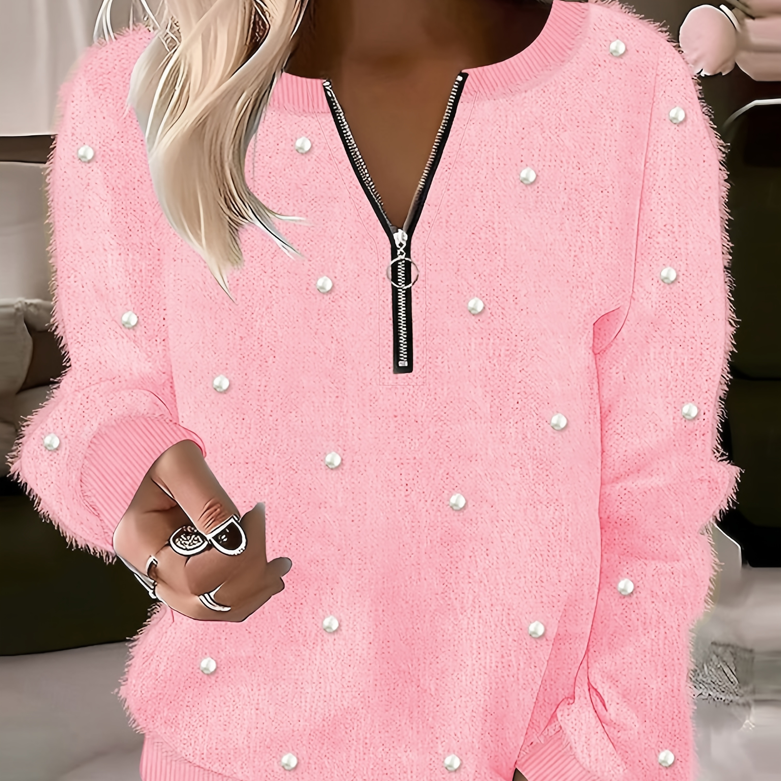 

Elegant Women's Pink Beaded Zip-up Sweatshirt - Casual Long Sleeve, Loose Fit, Comfortable Pullover With Full Pearl Embellishments, Polyester, Machine Washable