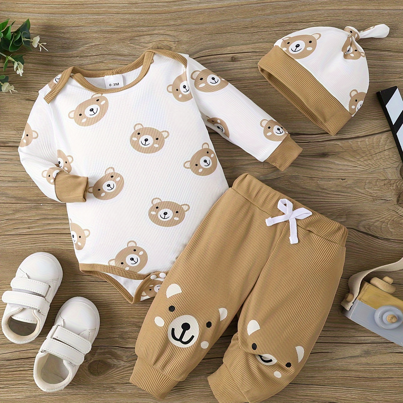 

3-piece Baby Boy's Comfortable Cute Bear Print Long Sleeve Triangle Romper + Pants + Hat Set, Adorable Style, Infant Spring Fall Outfit