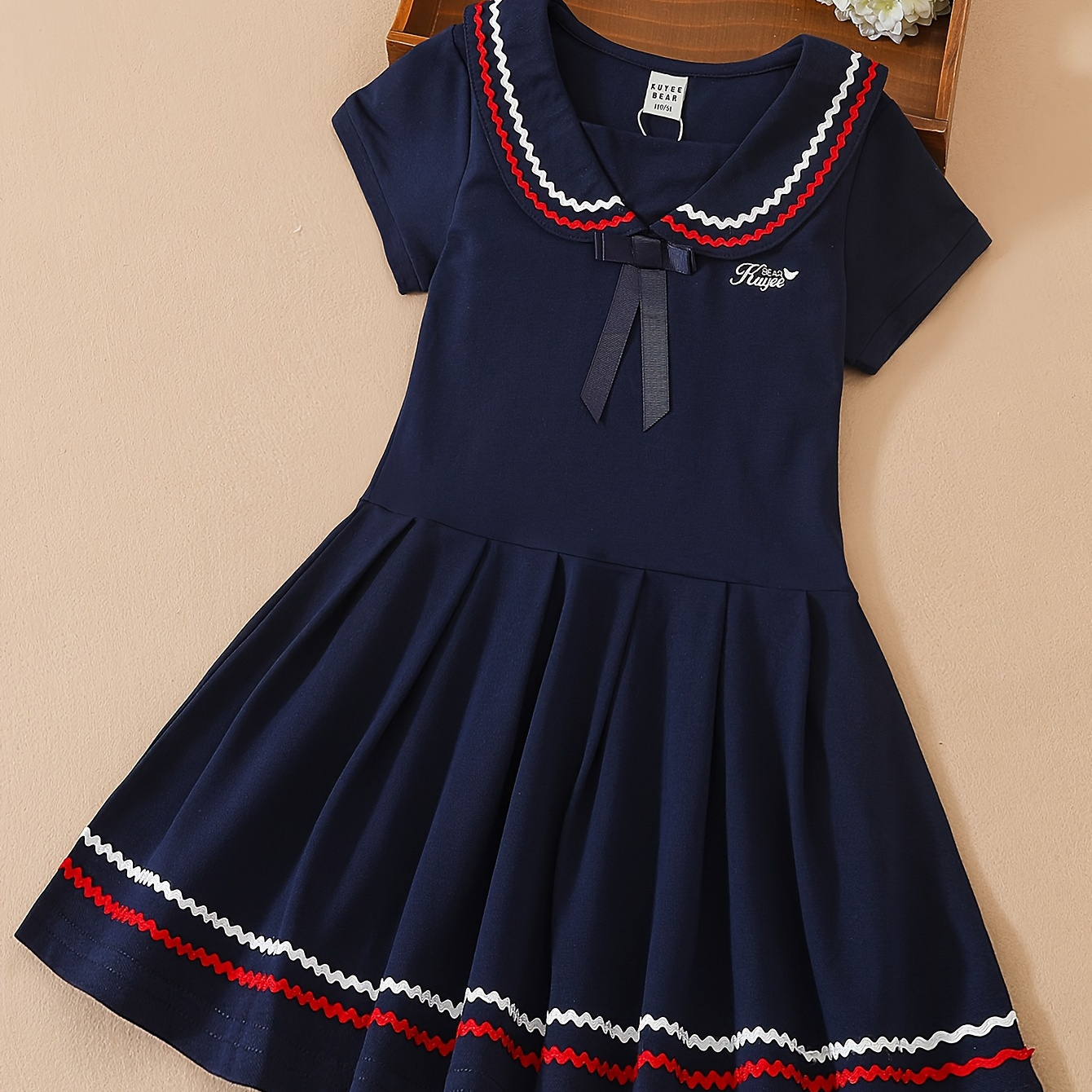 

Girls' Navy Pleated Dress With Contrast Trim And Bow Detail, Cotton Preppy Style Summer Uniform, Korean Fashion Doll Collar, Kids Sizes