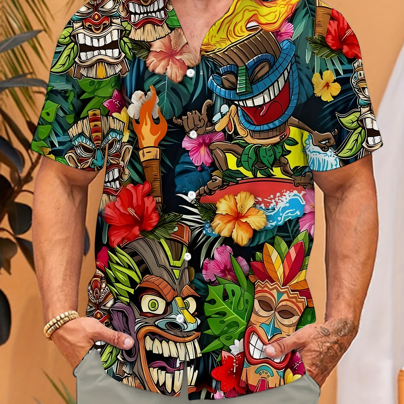 

Men's Hawaiian Shirt, 3d Flower & Monster Print Summer New Top Casual Retro Style Short Sleeve Turn-down Collar Top, Tropical Vacation Fashion Clothing