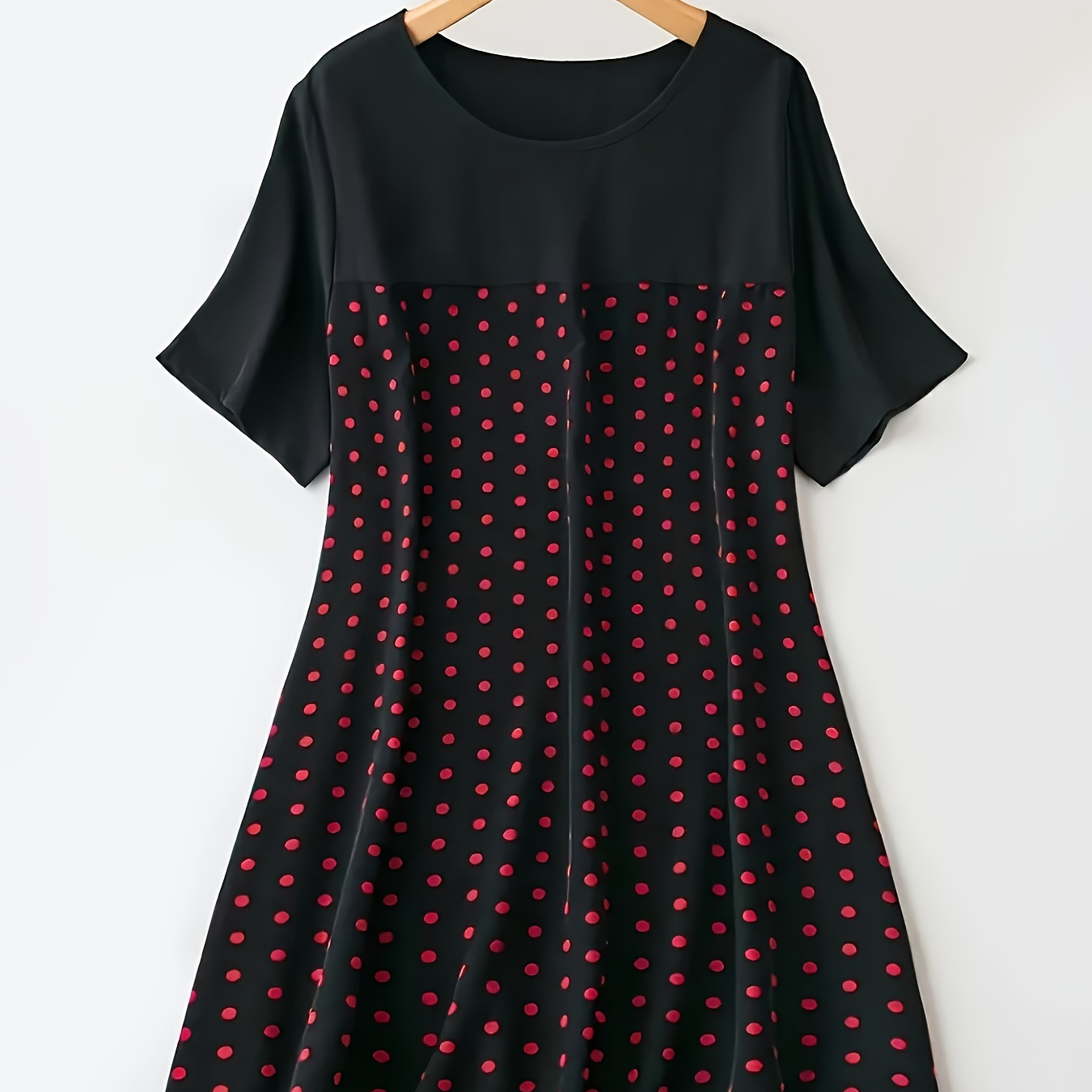 

Plus Size Polka Dot Print Loose Dress, Elegant Crew Neck Short Sleeve Dress, Women's Plus Size Clothing