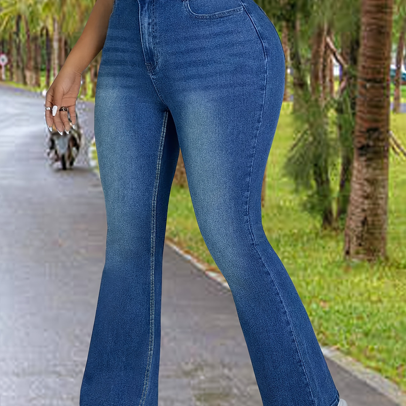 

Size Flare Jeans For Women - High Stretch, Embroidered Detail, Slim Fit Denim In Blue