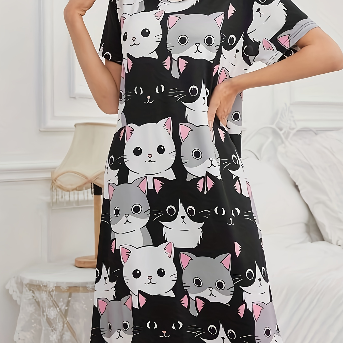 

Women's Cute Cat Print Sleepwear Dress, Short Sleeve Round Neck Loose Fit Tee Dress, Comfortable Nightgown