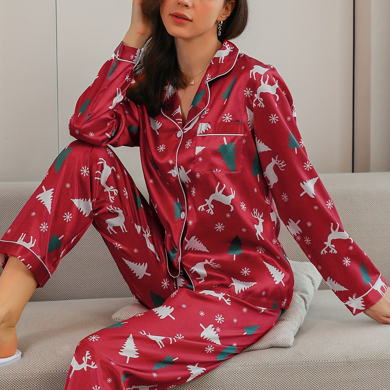 

1set Women's Christmas Set - Long Sleeve And Pants - , Polyester Set For Adults, - , -