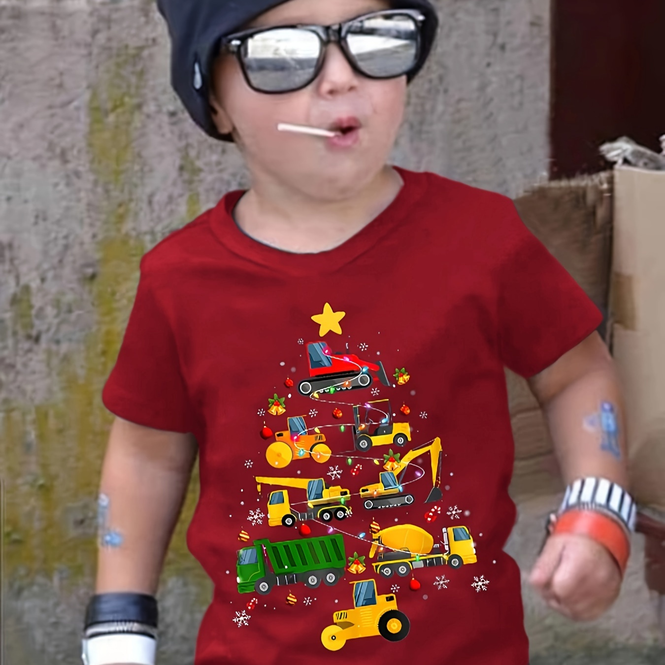 

Boy's Christmas Truck Tree Print Creative Tee Tops Clothes For Kids Short Sleeve Crew Neck Casual Comfy Sports Shirt For Summer