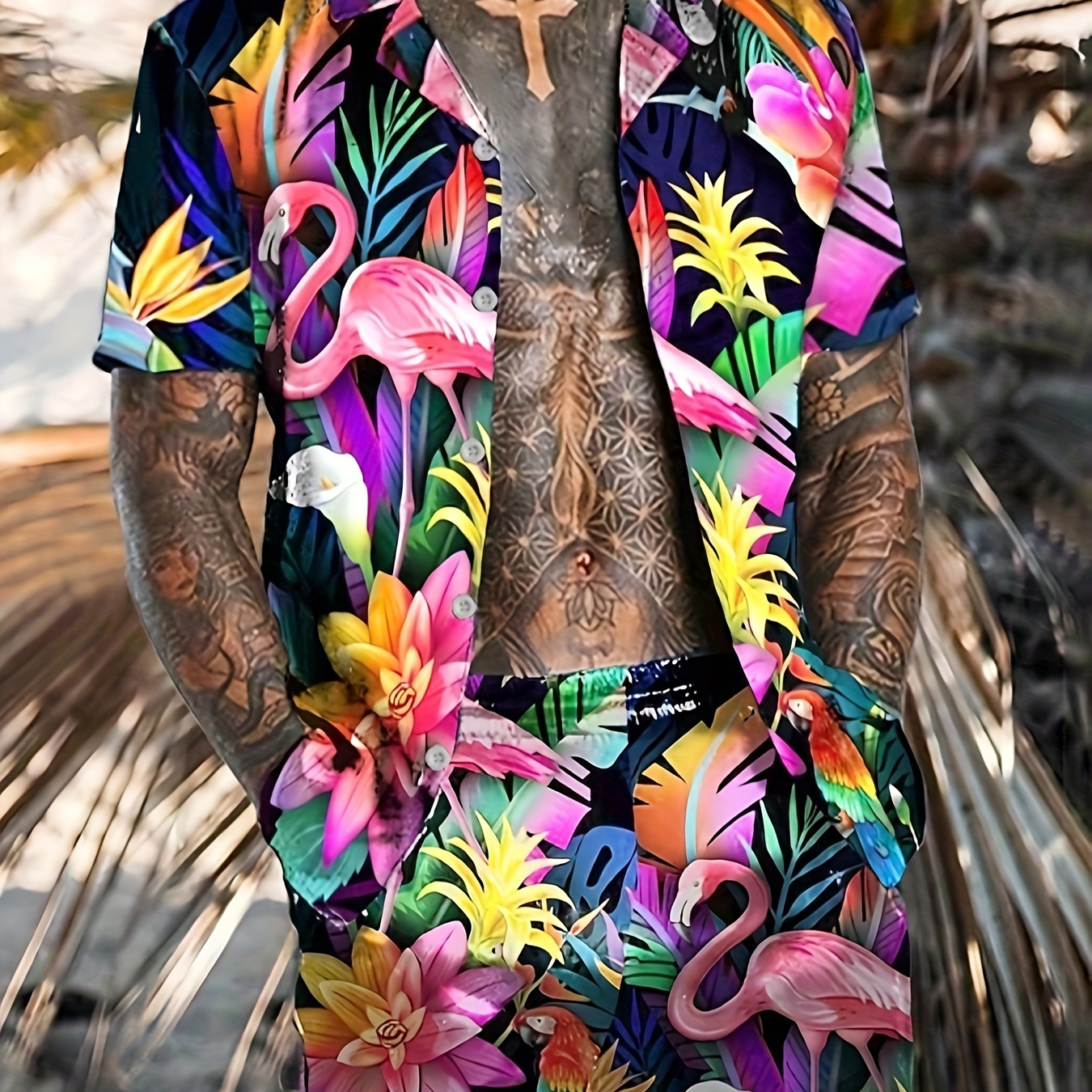 

Floral & Flamingo Print, Men's 2pcs Outfits, Casual Camp Collar Lapel Button Up Short Sleeve Shirts Hawaiian Shirt And Drawstring Shorts Set For Summer, Men's Clothing