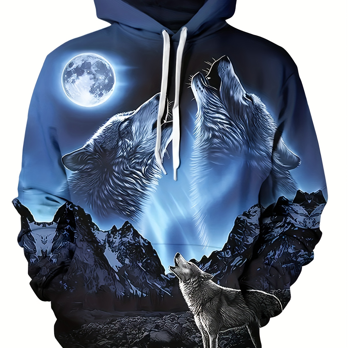 

Wolf Moon Print Men's Pullover Round Neck Hoodies With Kangaroo Pocket & Drawstring Long Sleeve Hooded Sweatshirt Loose Casual Top For Autumn Winter Men's Clothing As Gifts