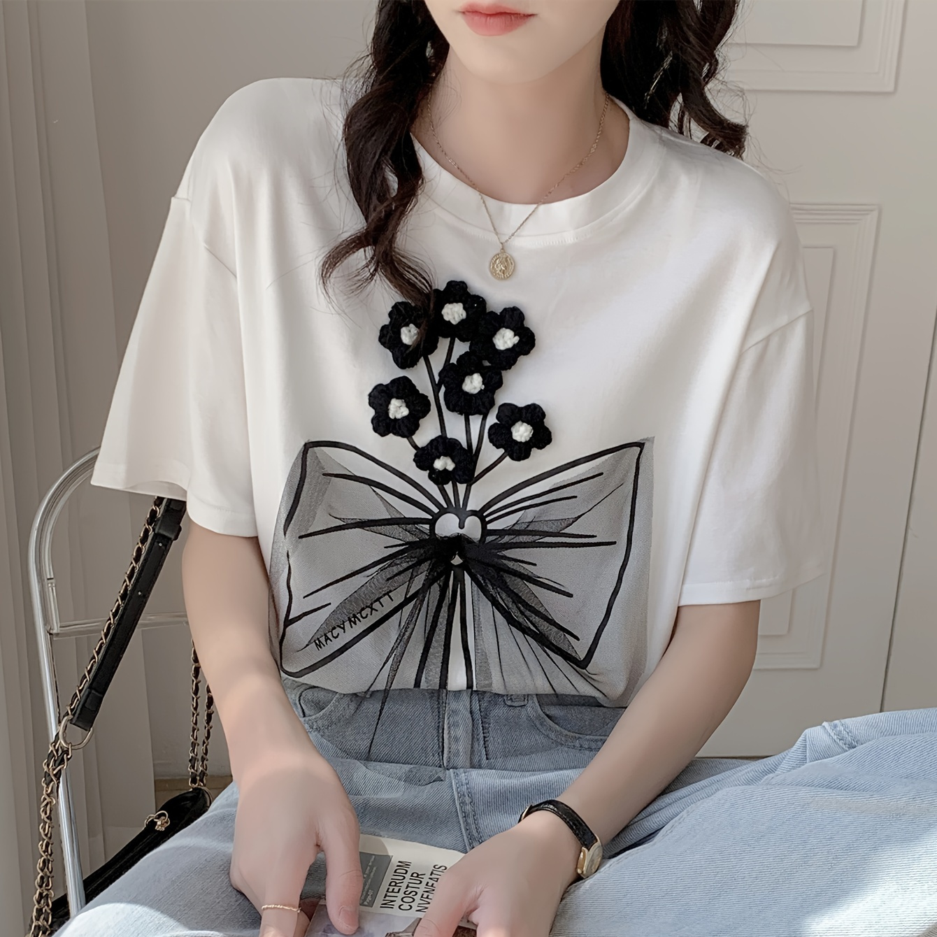 

3d Flower Bow Short Sleeve T-shirt, Casual Crew Neck Top For Spring & Summer, Women's Clothing