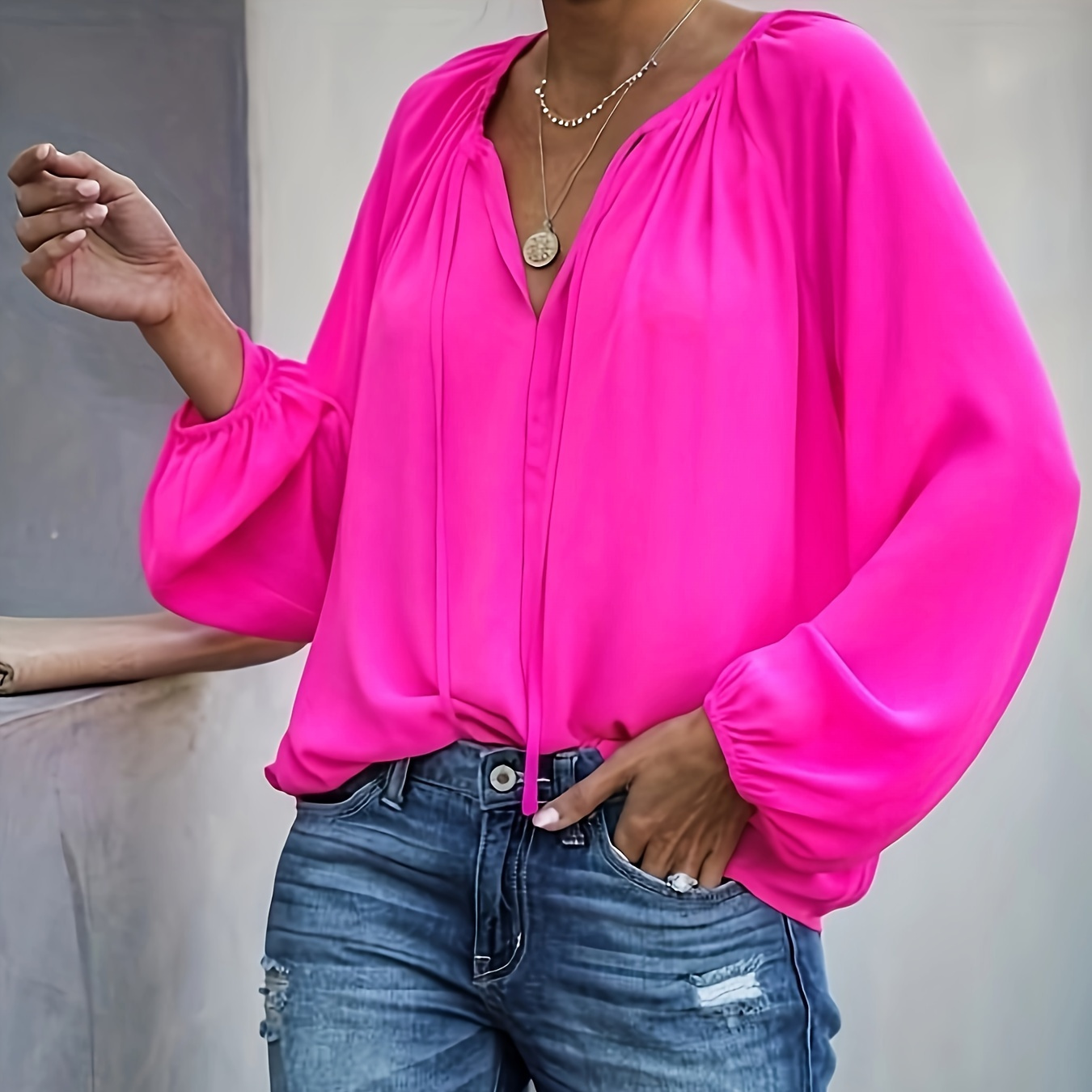 

Solid Color V Neck Blouse, Elegant Long Sleeve Lace Up Blouse For , Women's Clothing