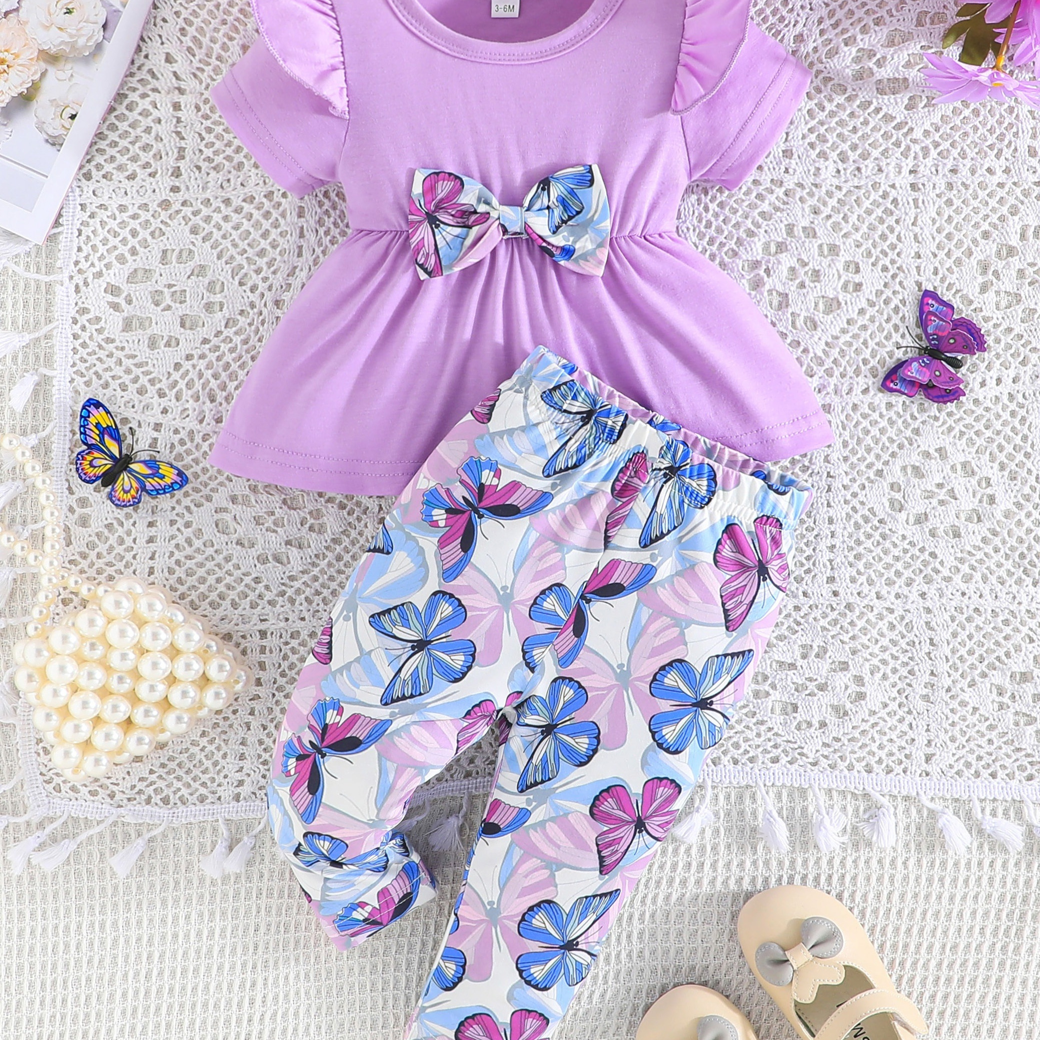 

2pcs Infant & Toddler's Butterfly Pattern Casual Outfit, Short Sleeve Peplum Top & Pants, Baby Girl's Clothes