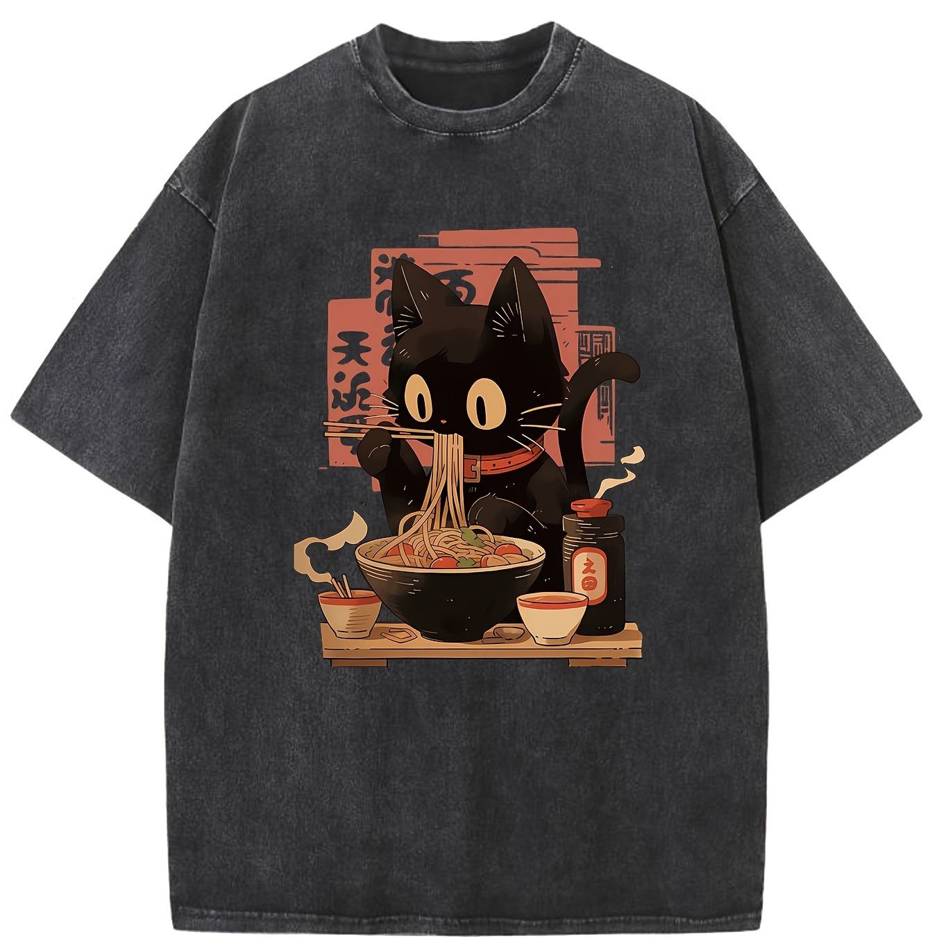 

Cat Eating Noodles Vintage Washed High Quality Cotton Patterned T-shirt Men's T-shirt Clothing Drop Shoulder Sleeve Round Neck Tops Short Sleeve