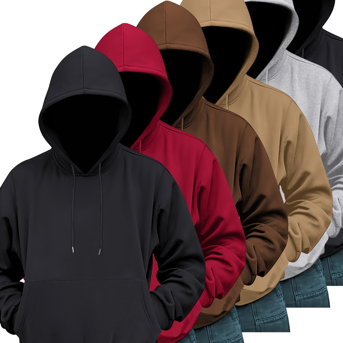 

6 Pcs Men' Color Hoodie, Casual Slightly Stretch Hooded Sweatshirt, Men's Clothing For Outdoor