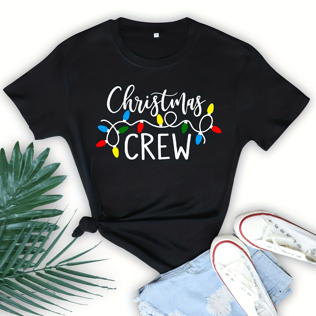 

Christmas Crew Print Crew Neck T-shirt, Casual Short Sleeve Top For Spring & Summer, Women's Clothing