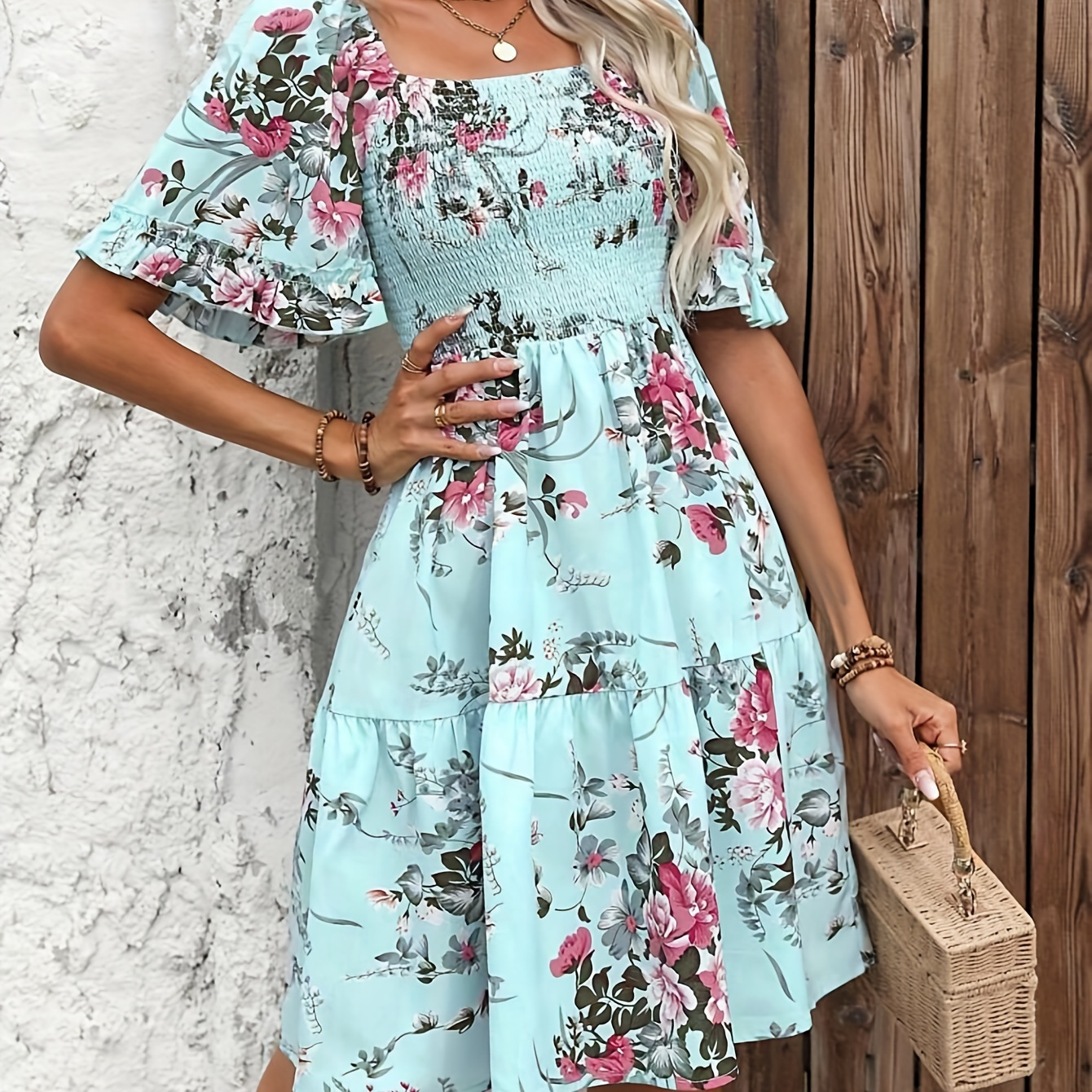 

Floral Print Square Neck Dress, Elegant Ruffle Sleeve Dress For Spring & Summer, Women's Clothing