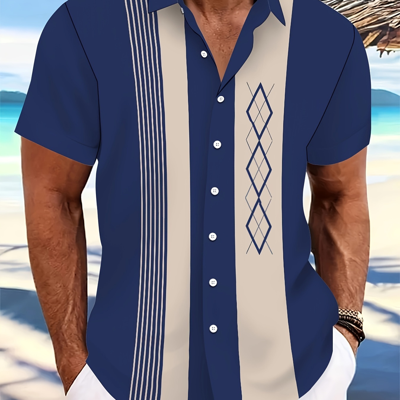 

Men's Summer Casual Short Sleeve Shirt, Geometric Pattern, Polyester 95% Spandex 5%, Lapel Collar, Regular Fit, Non-stretch Fabric, Woven With Heat Transfer Printing, 140gsm - Blue & Beige