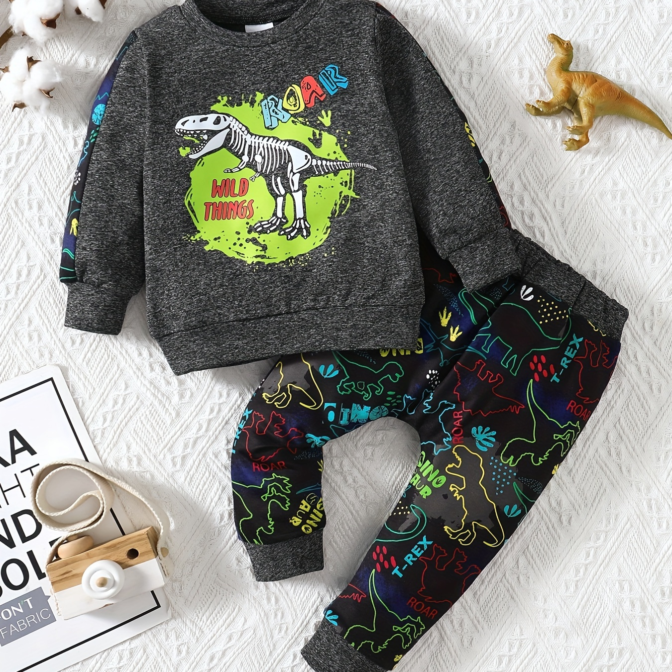 

Baby's Cute Dinosaur Style Neck Long-sleeved Sweatshirt +pants Set, Child's Casual Trendy Trousers & Pullover Outfit