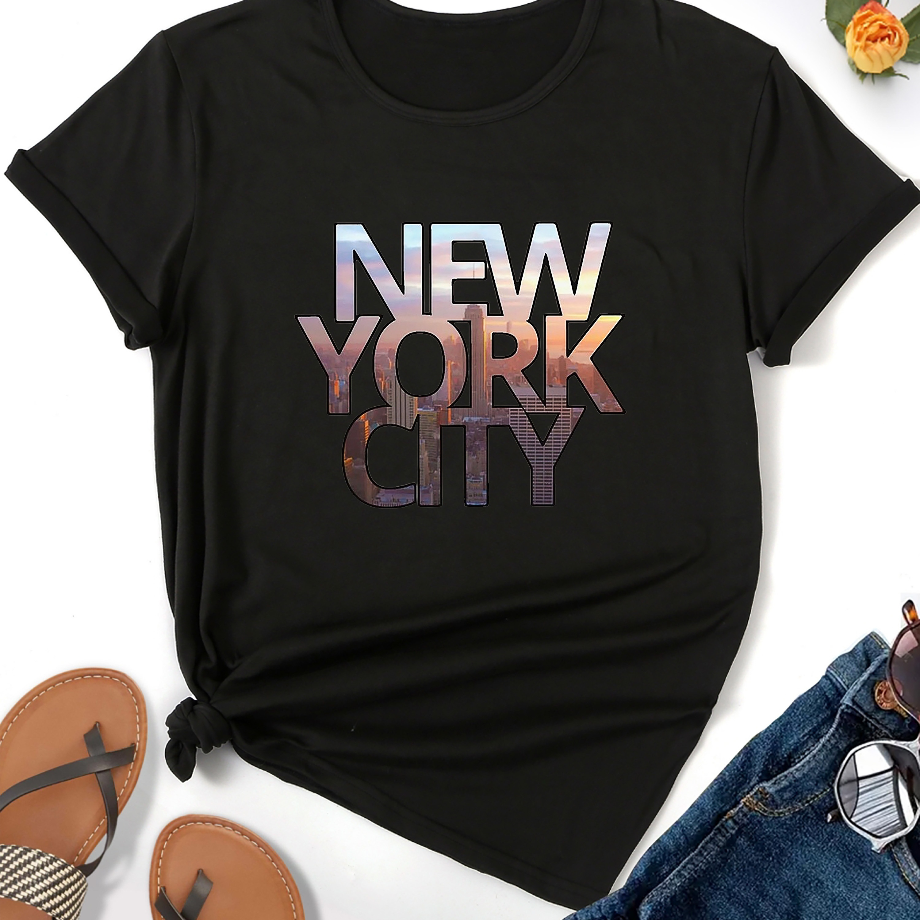 

New York City Print T-shirt, Casual Short Sleeve Crew Neck Top For Spring & Summer, Women's Clothing