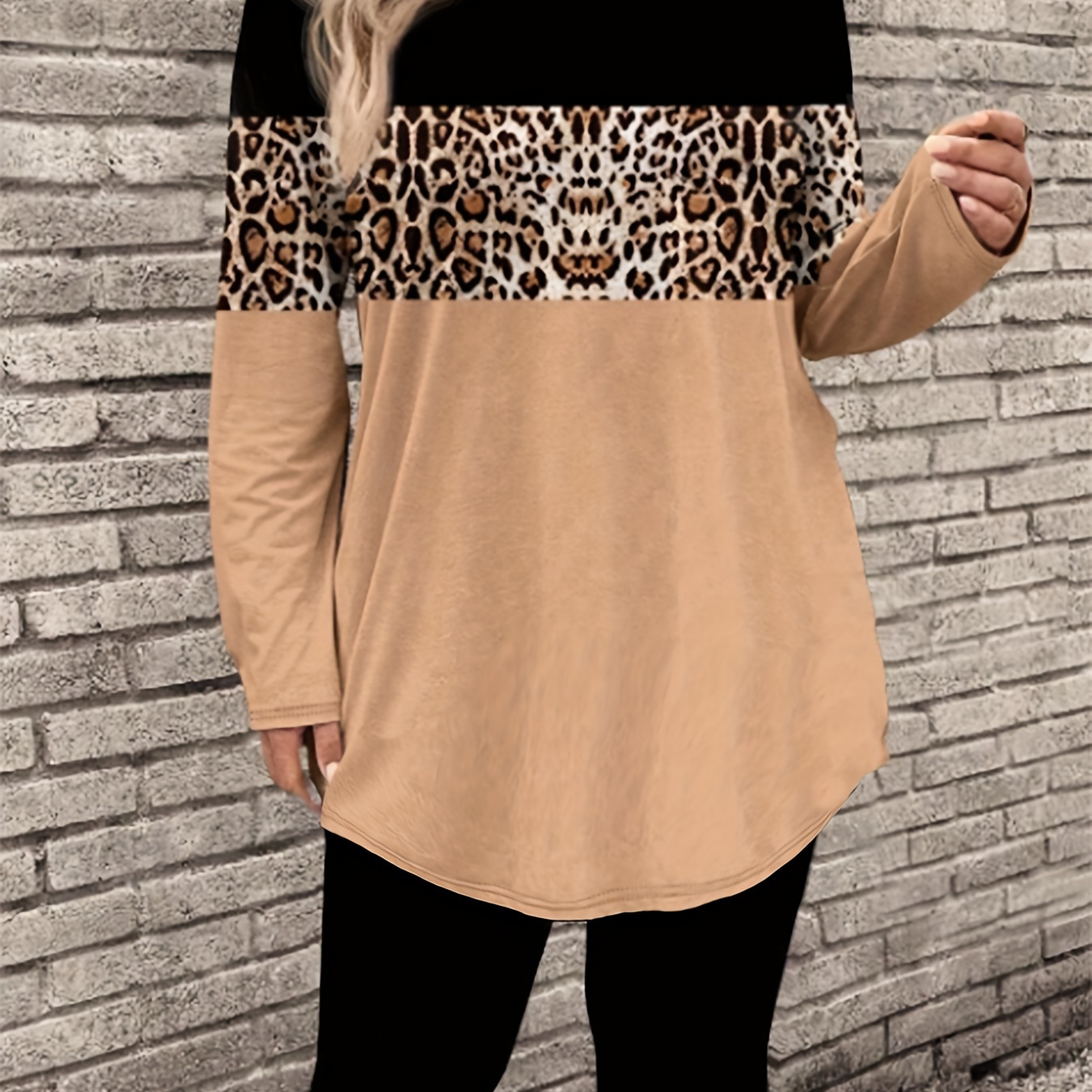 

Plus Size Long Sleeve Leopard Print Casual T-shirt - Polyester 95%, Spandex 5%, Crew Neck, Medium Stretch, Knitted Oversized Top For Spring/fall
