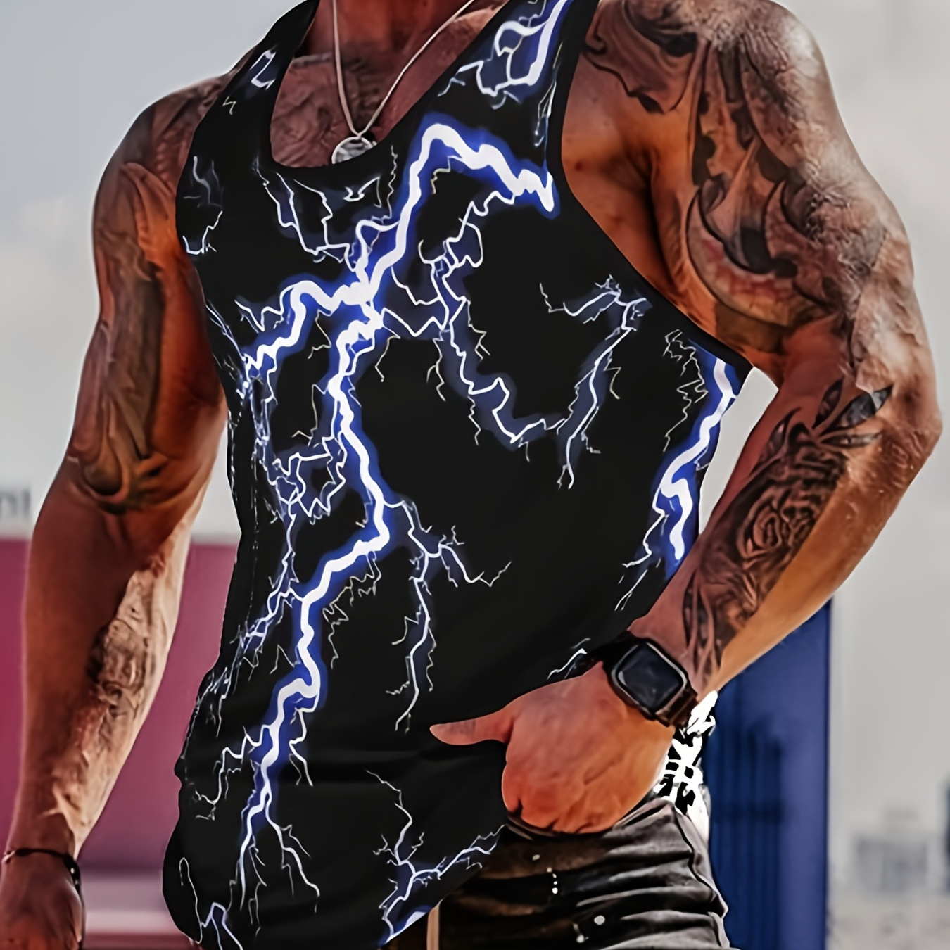 

Men's Trendy Crew Neck Graphic Tank Top With Fancy Print, Street Style For Summer Wear