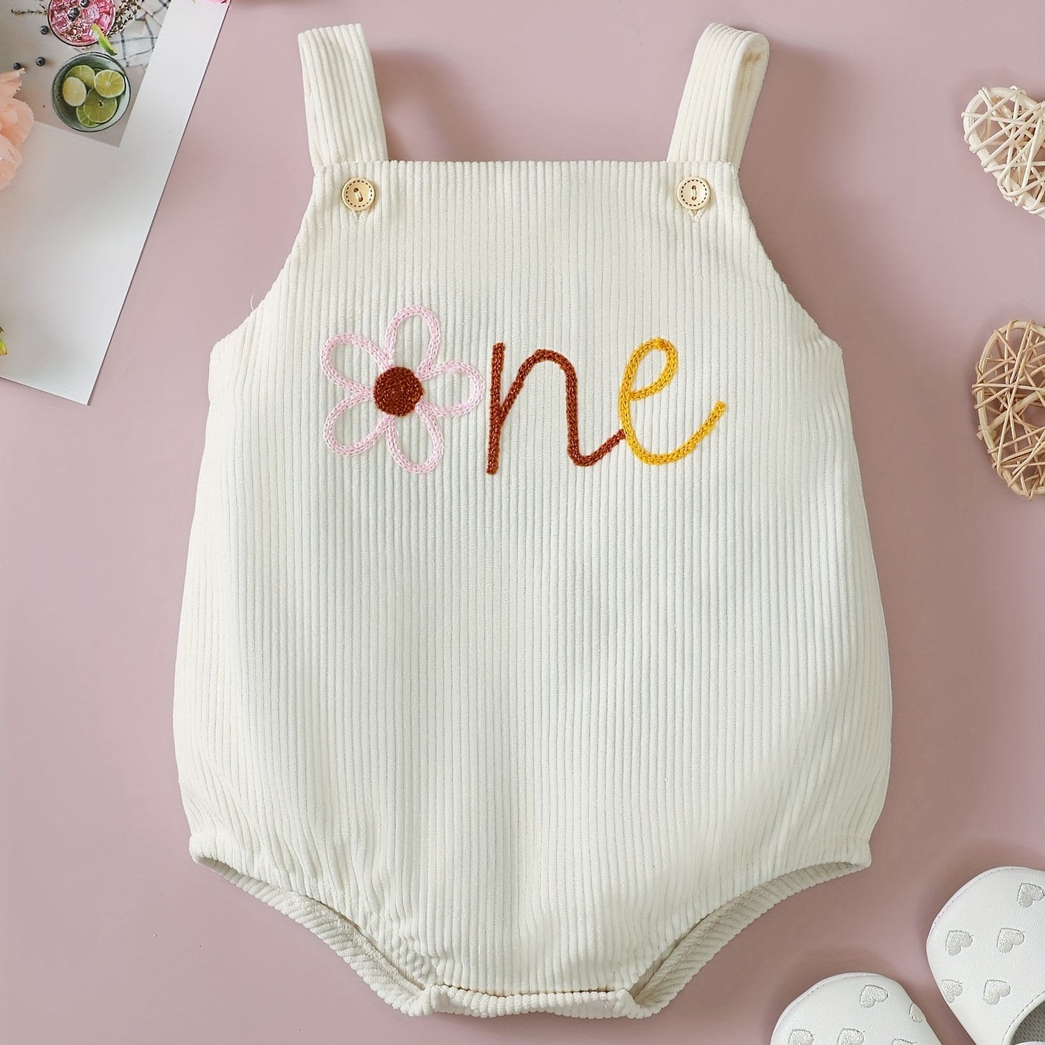 

Baby's "one" Flower Embroidered Corduroy Triangle Bodysuit, Casual Romper For First Birthday, Toddler & Infant Girl's Onesie For Summer, As Gift