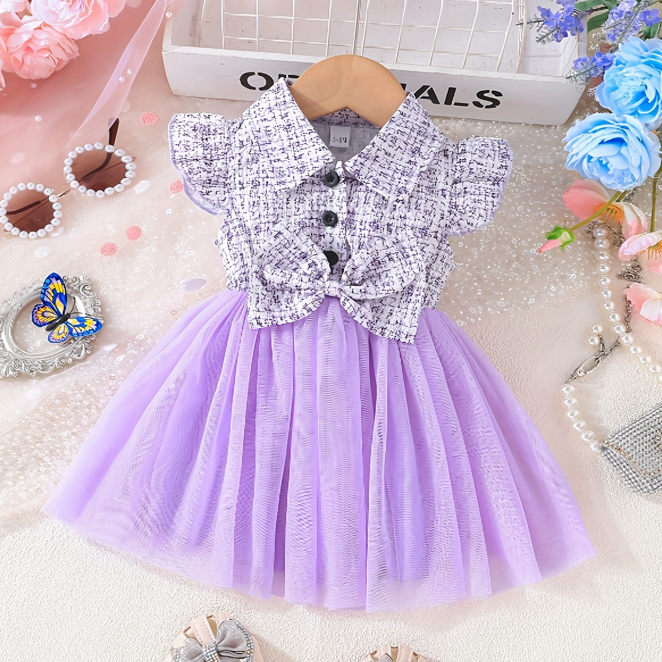 

Baby Girl's Mesh Dress Tutu Skirt Bow Decor Button Front Princess Dress Holiday Party Prom Birthday Baby's Clothes