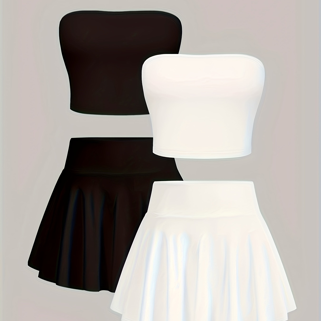 

2 Pack Solid Color Mini Skirt Set, Backless Crop Bandeau Top & High Waist A-line Skirt, Women's Clothing