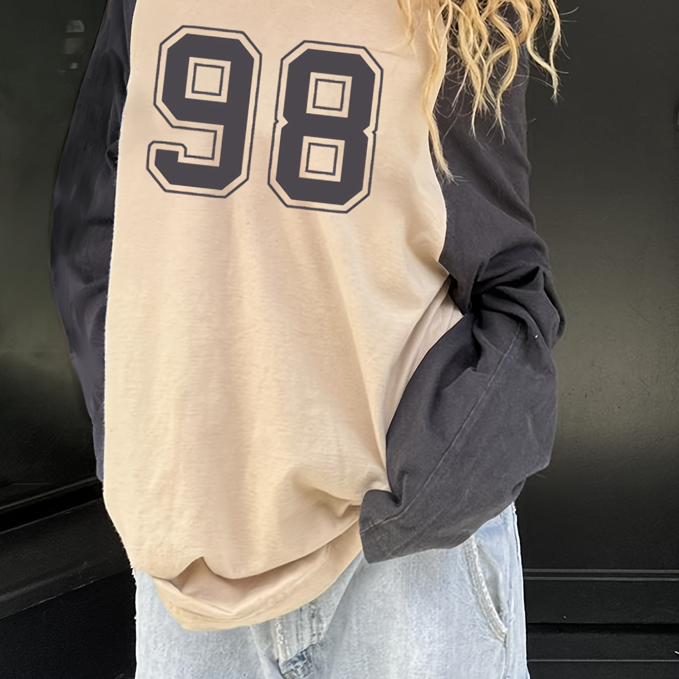 

Number Print Crew Neck T-shirt, Casual Color Block Long Sleeve T-shirt For Spring & Fall, Women's Clothing