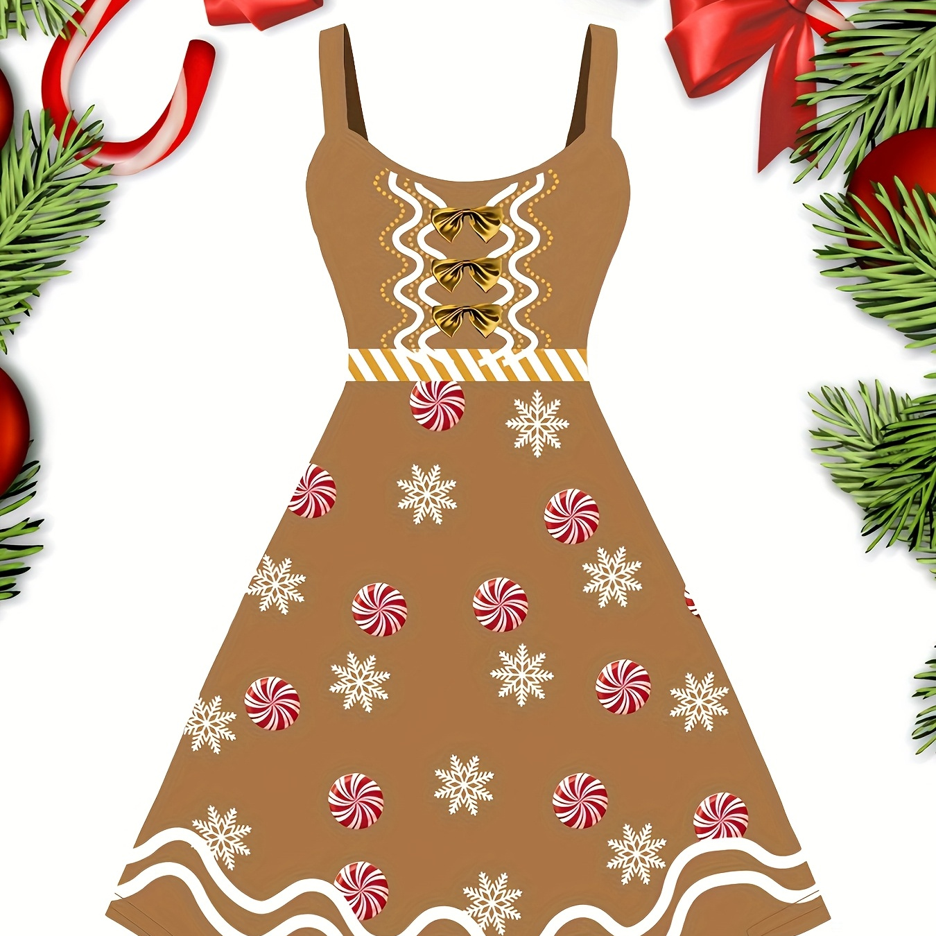 

Size Christmas Dress For Women - Gingerbread & Snowflake Print With 3d Ribbon Bow, Sleeveless Spaghetti Strap Party Dress