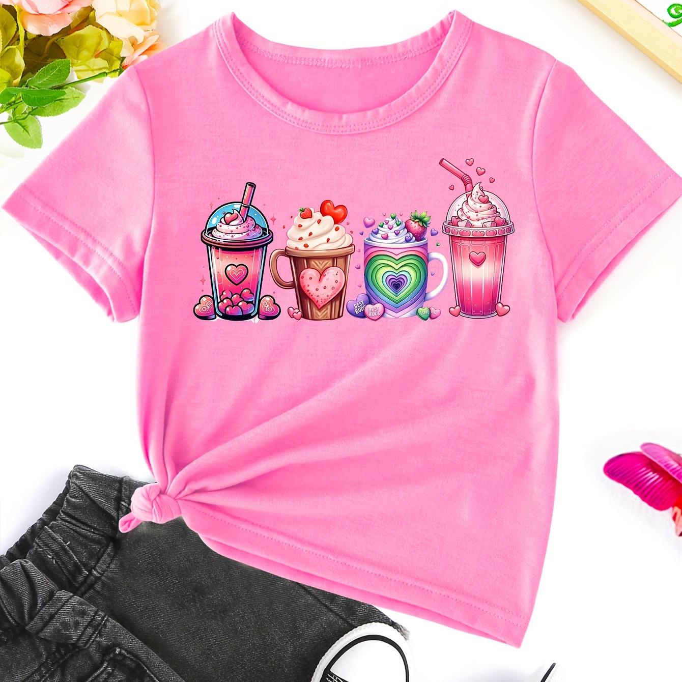 

Sweet Heart Coffees Print T-shirt, Crew Neck Short Sleeve Tees Summer Clothes Girls Valentine's Day