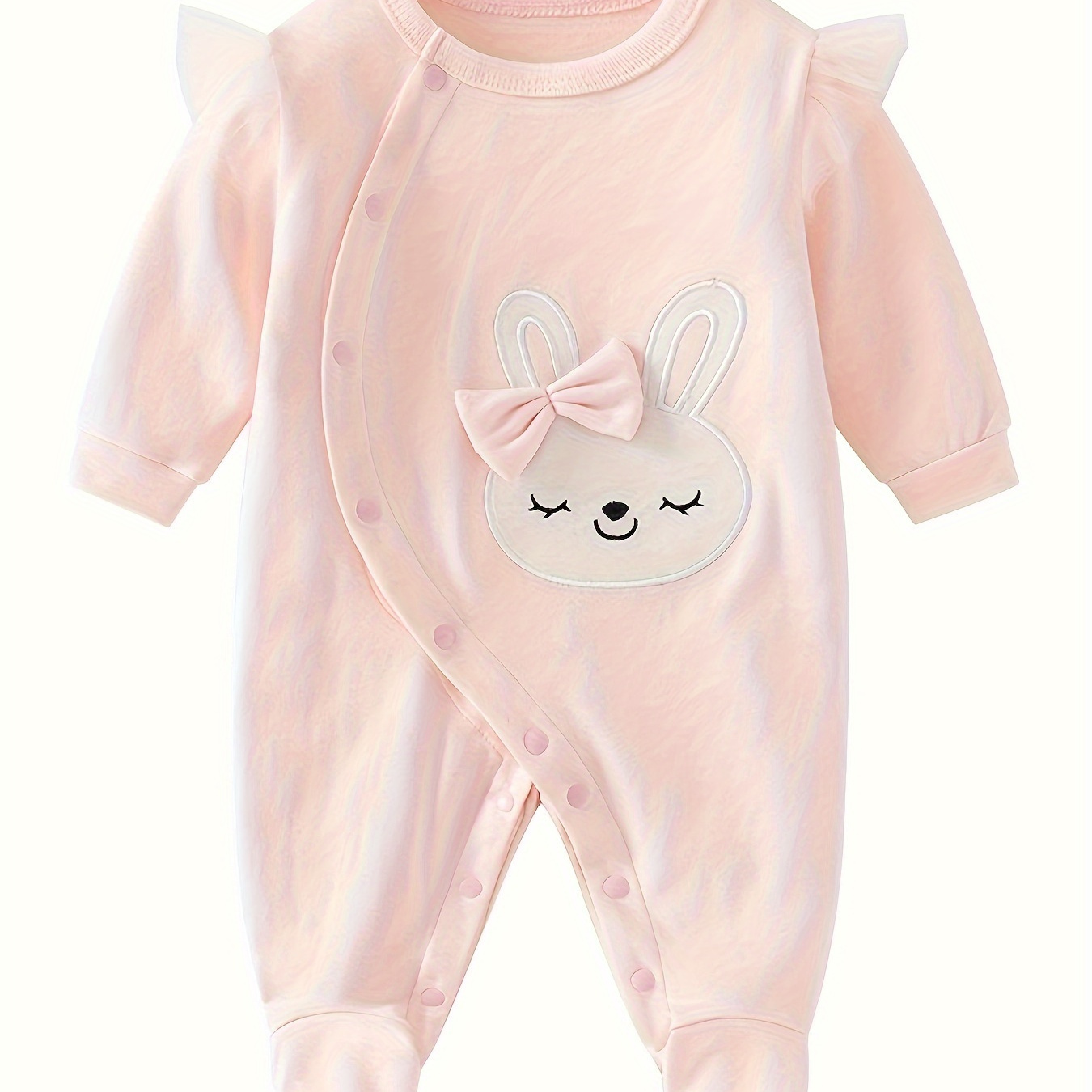 

Newborn Baby Girls Spring And Autumn Cotton Comfy Jumpsuit, Foot Covered Long-sleeved Cute Pink Cartoon Embroidered Rabbit Bodysuit