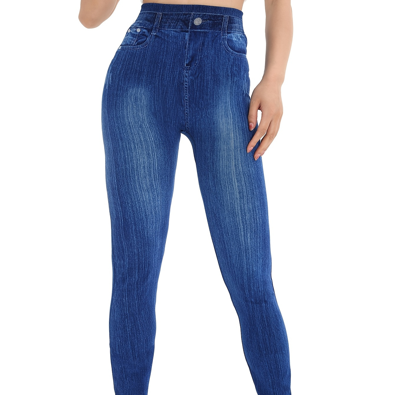 

Women's High-waisted Cropped Leggings, 95% Polyester 5% Spandex, Solid Color, Knit Fabric, Pocket Detail, Stretchy Denim Yoga Pants, Comfortable Seamless Trousers For All