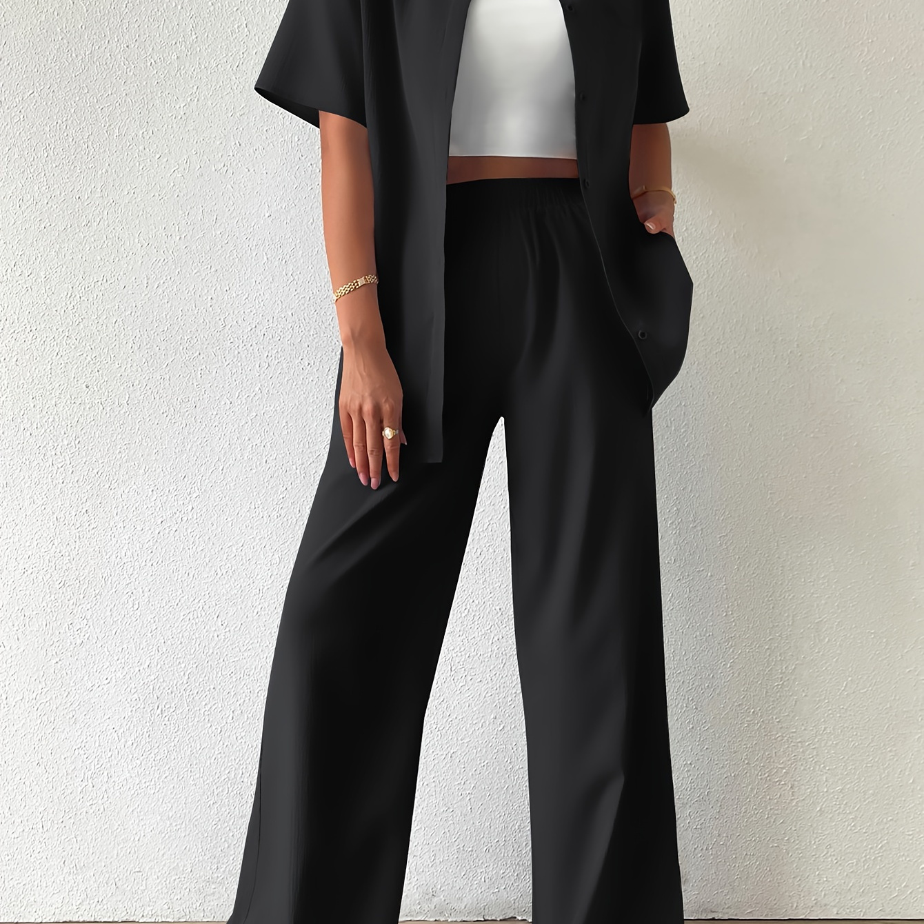 

Solid Elegant 2 Piece Set, Button Front Short Sleeve Shirt & Elastic Waist Wide Leg Pants Outfits, Women's Clothing