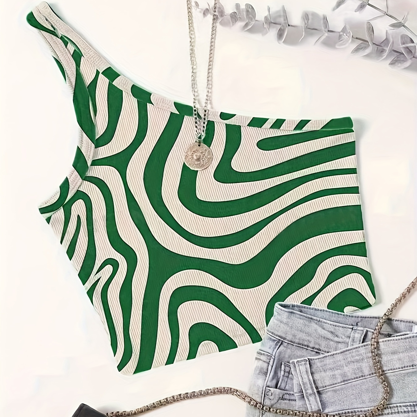 

Striped Pattern 1 Shoulder Tank Top, Casual Backless Sleeveless Tank Top For Spring & Summer, Women's Clothing