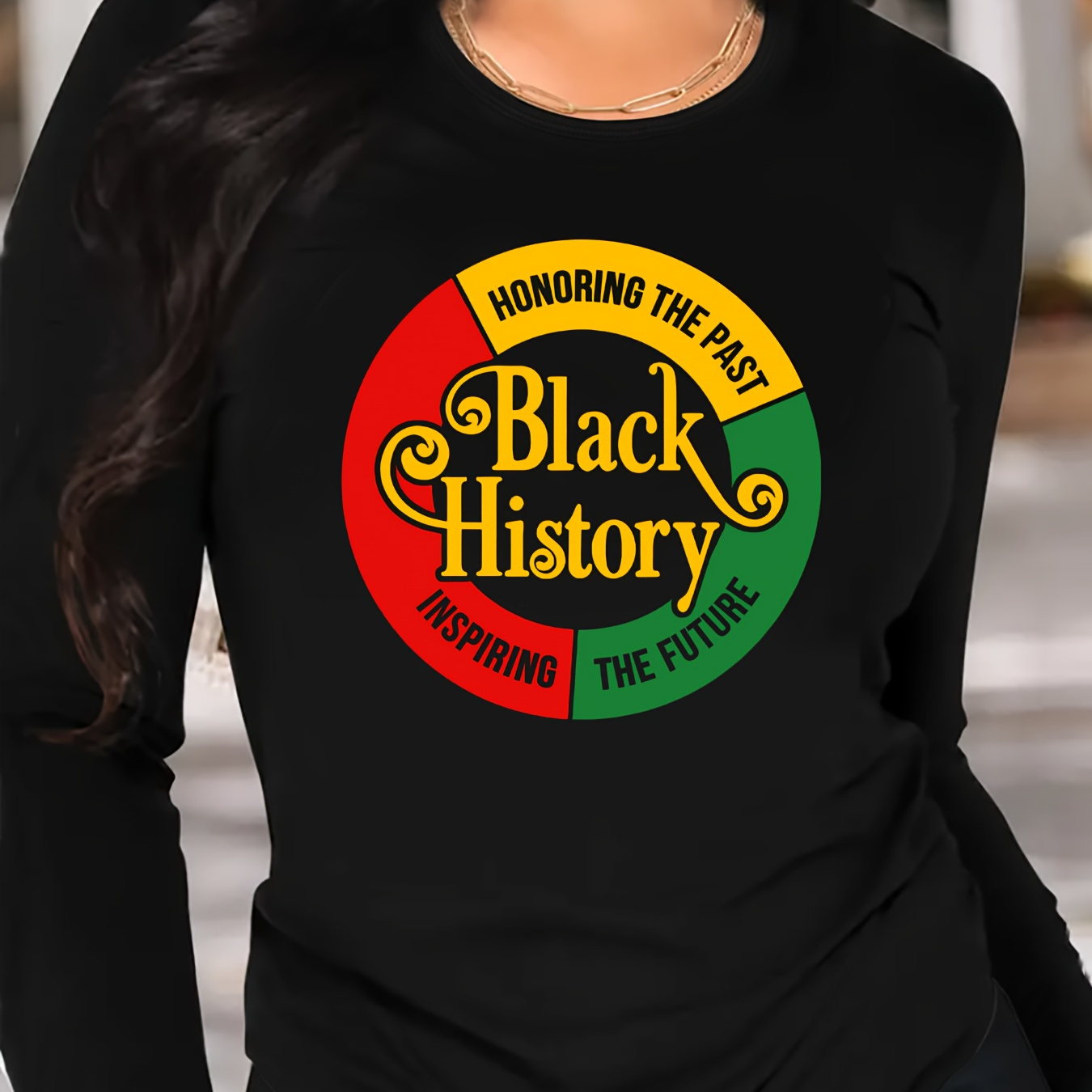 

Women' Long Sleeve T-shirt With Red, Yellow & Green Emblem - Casual Polyester Crew Neck, Machine Washable, Celebrating Black History Month